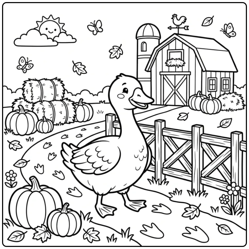 Goose coloring page walking on a farm path