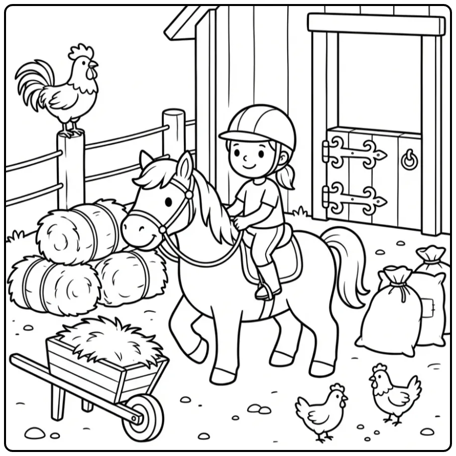Farm Horse with Rider and Animals coloring page