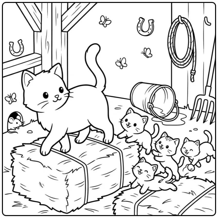 Farm Cat with Kittens and Hay coloring page