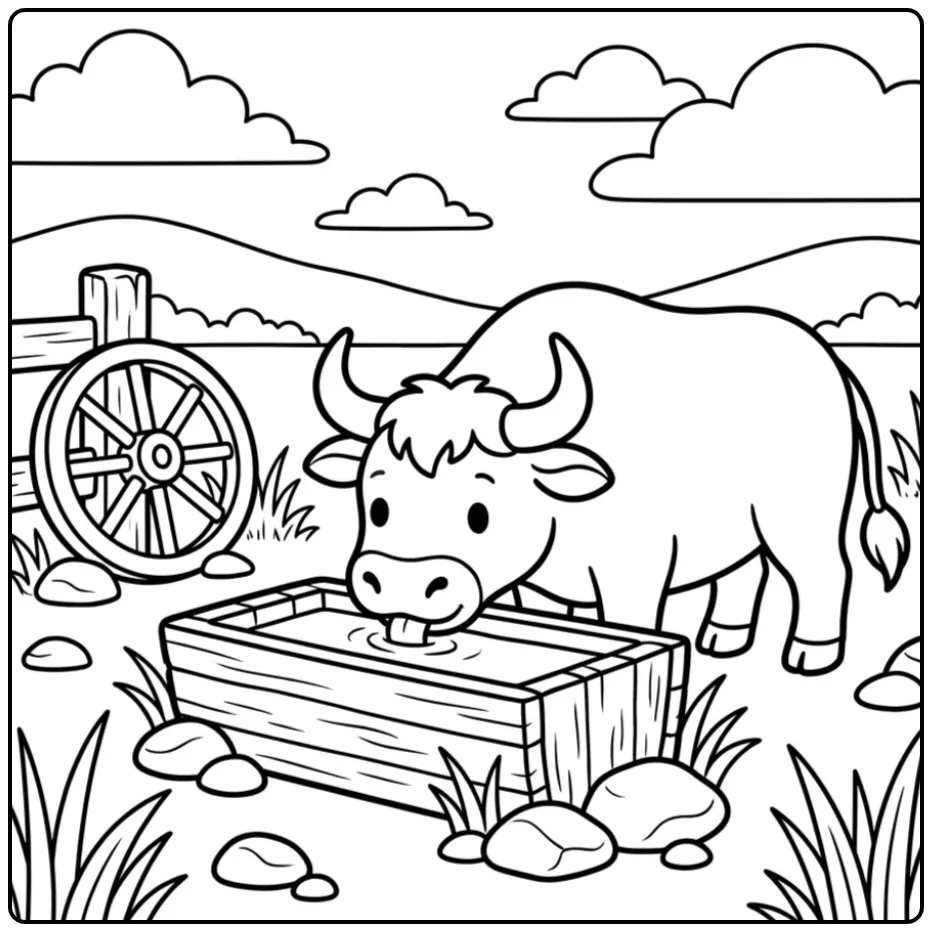 Farm Bull with a Wooden Water Trough coloring page