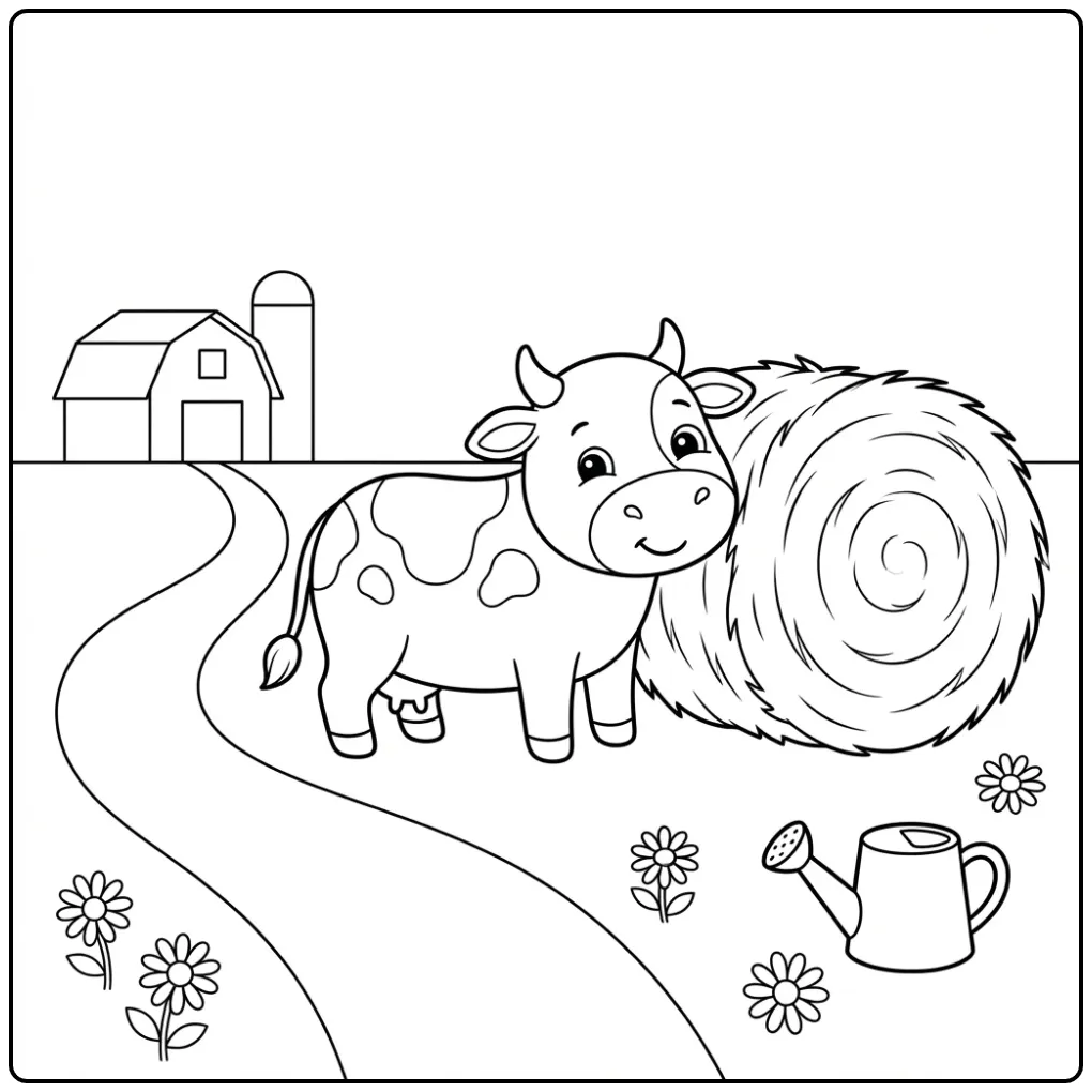 Toddler Farm Cow with a Hay Bale and Watering Can coloring page