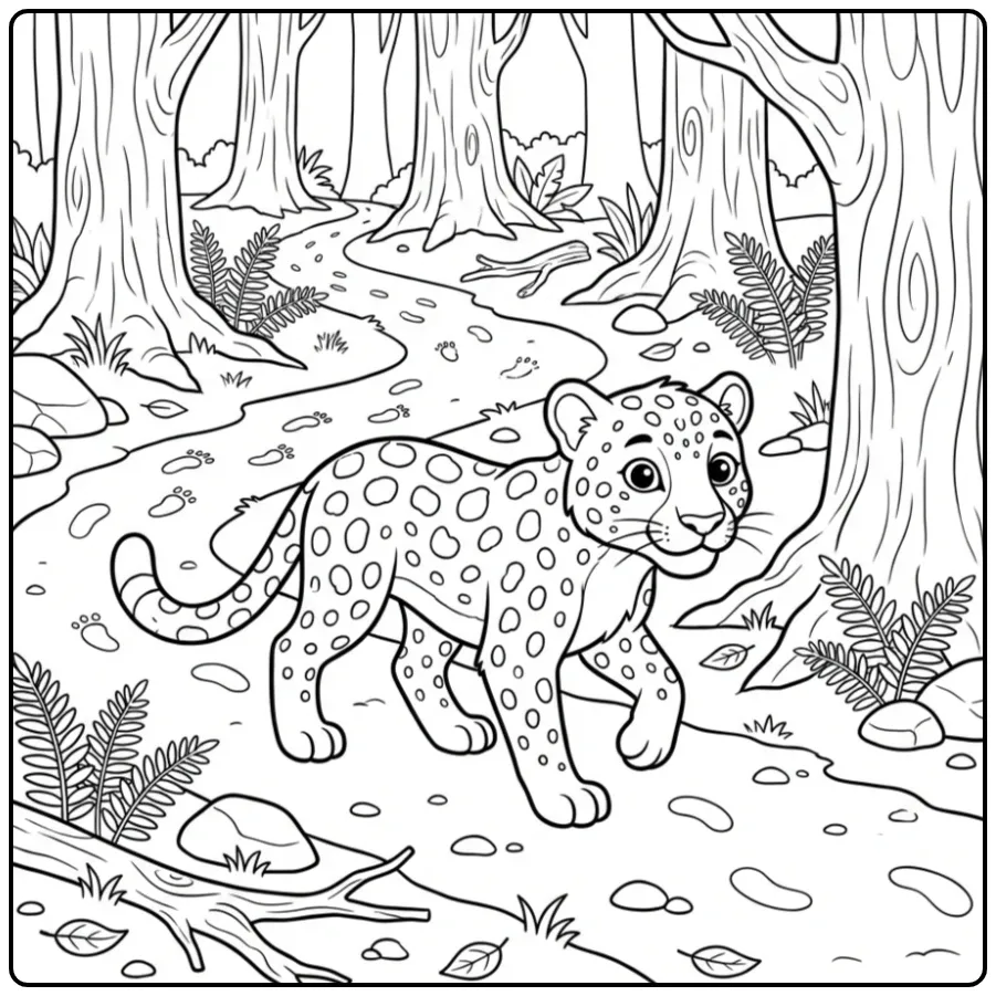 Forest Adventure Leopard with Trees and Ferns coloring page