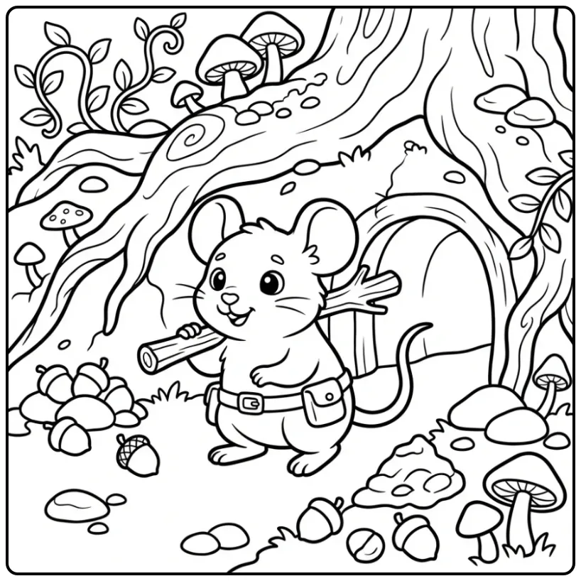 Mouse Building with Twigs and Acorns in the Forest coloring page