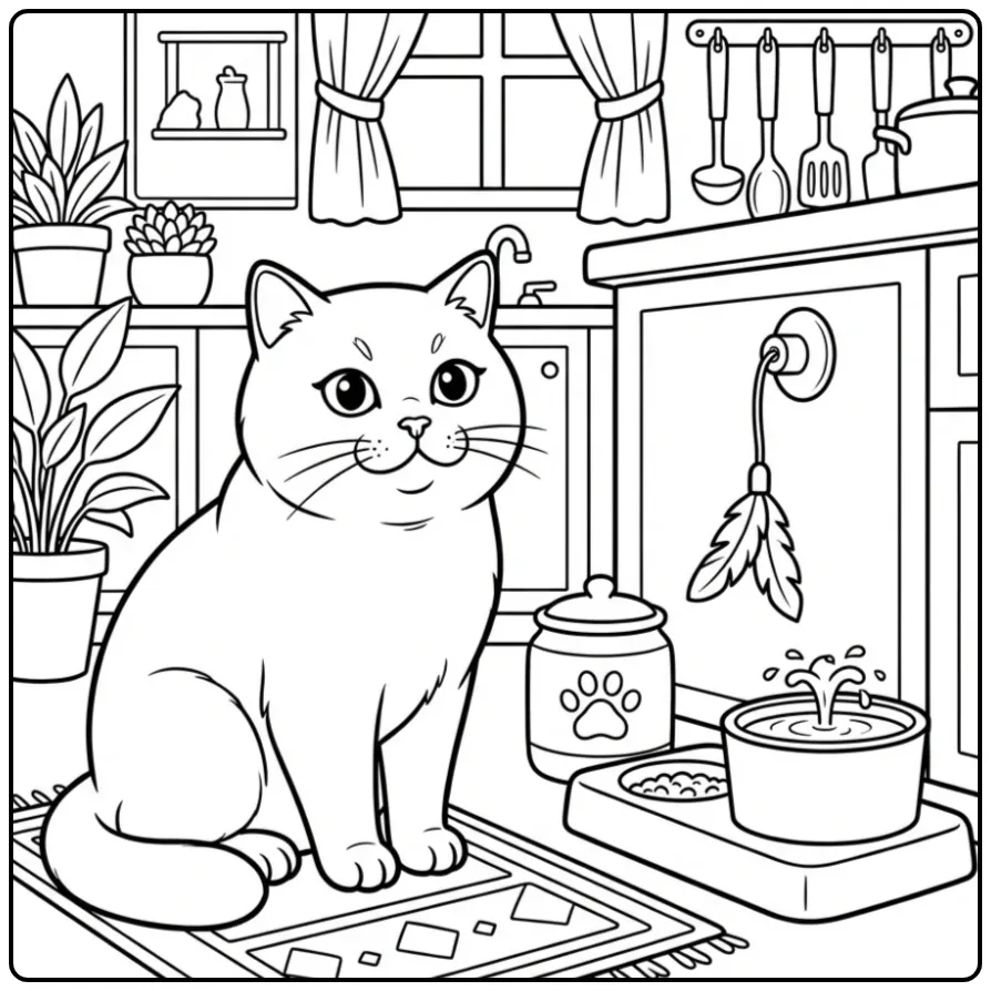 British Shorthair cat coloring page in the kitchen