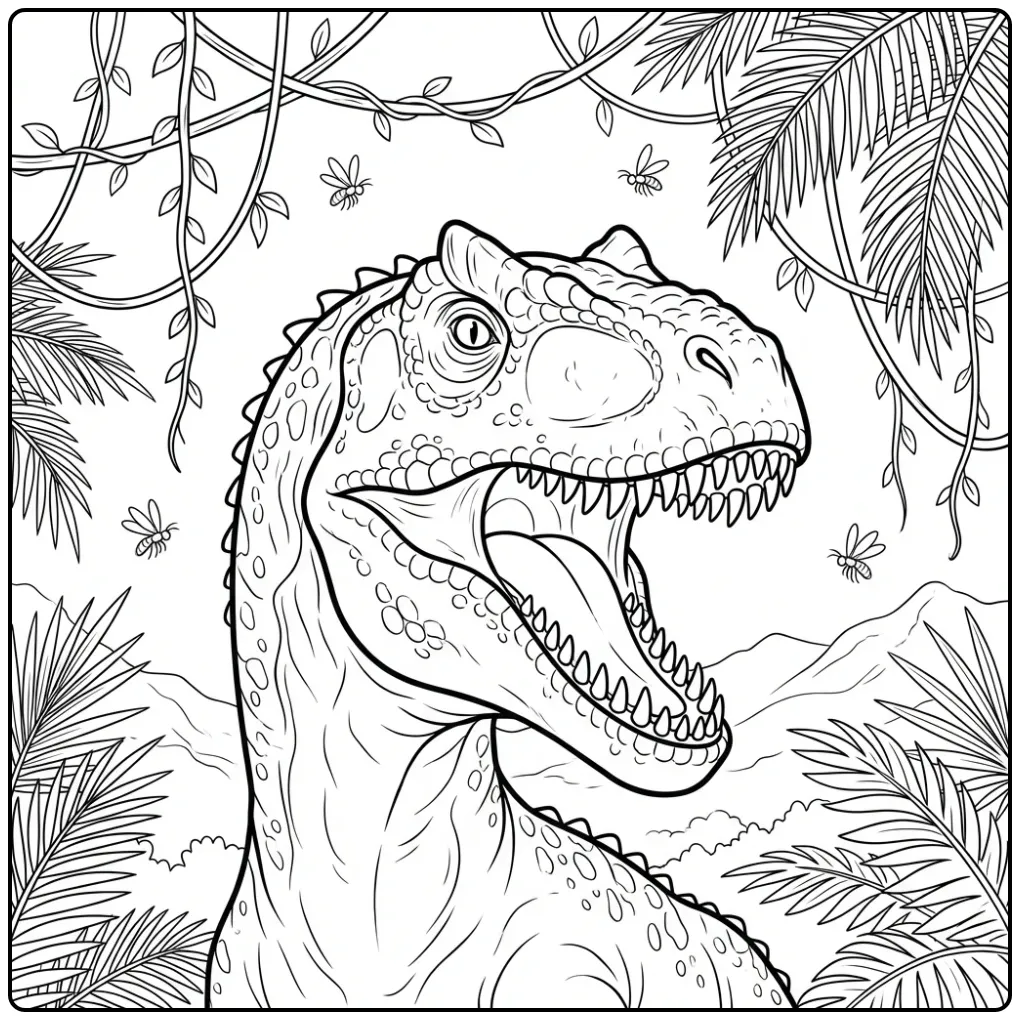 Detailed Allosaurus coloring page of a roaring head