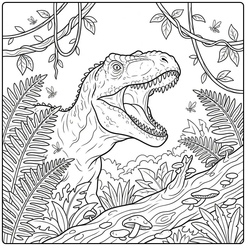 Giganotosaurus coloring page roaring among jungle plants