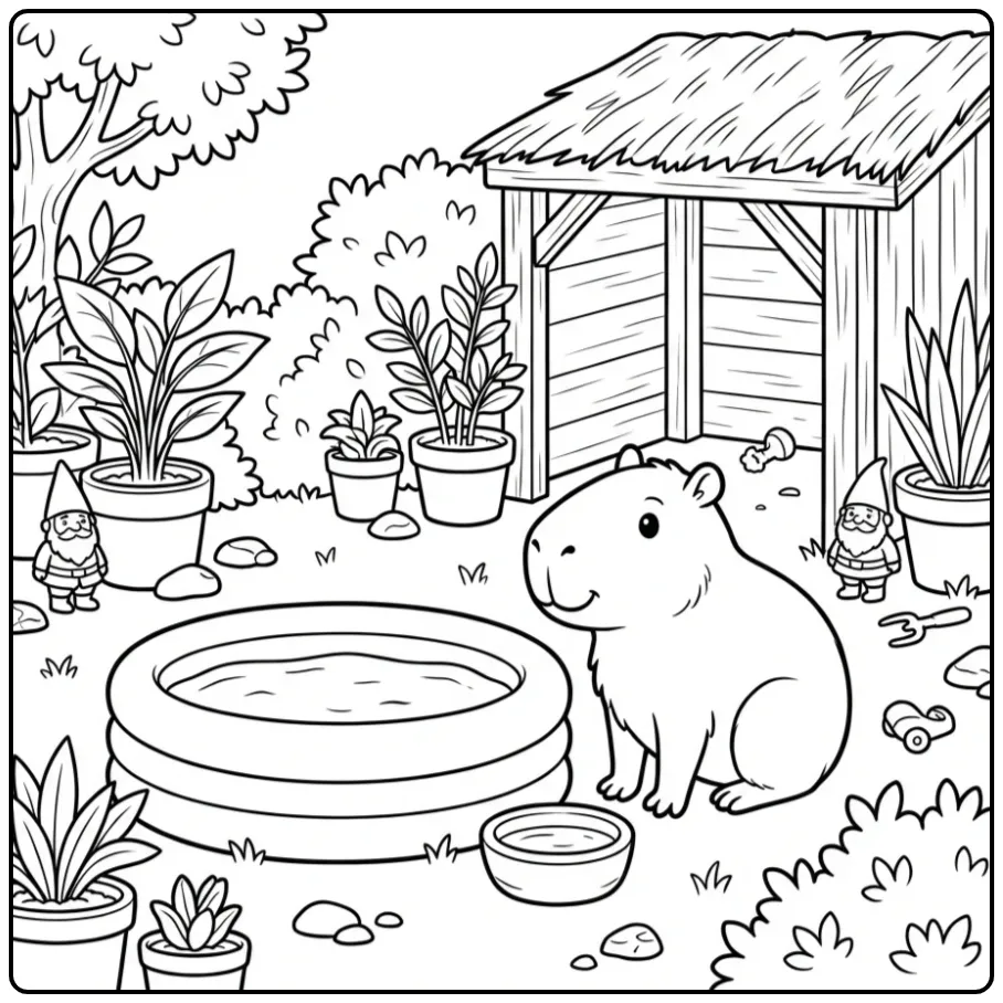 Cute capybara coloring page featuring a capybara by a pool