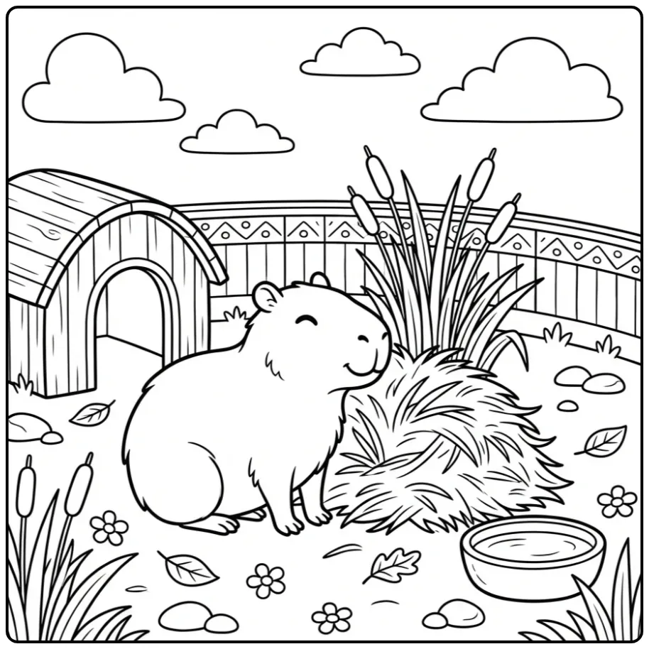 Capybara coloring page showing a capybara in its enclosure
