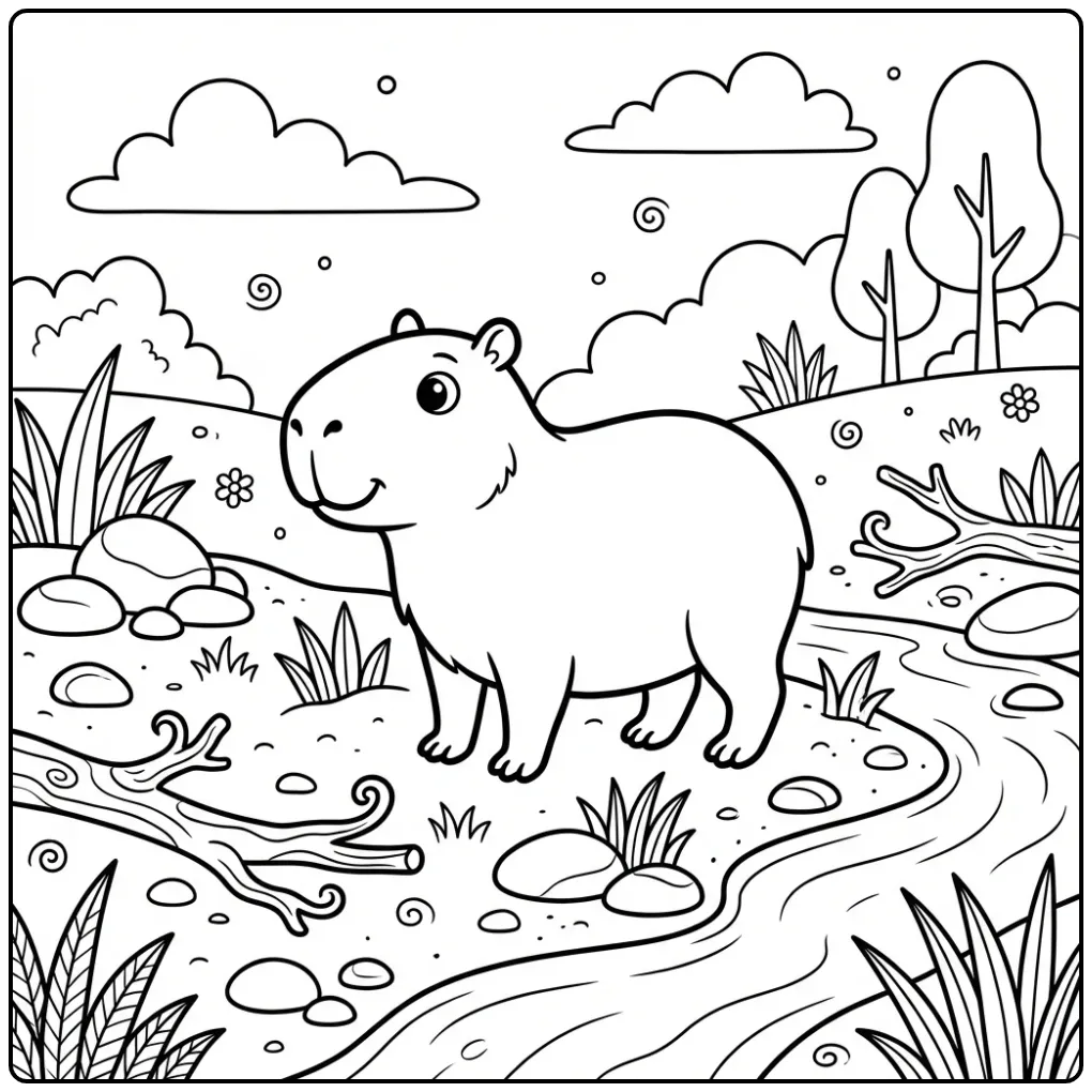 Capybara coloring page featuring a capybara at the riverbank