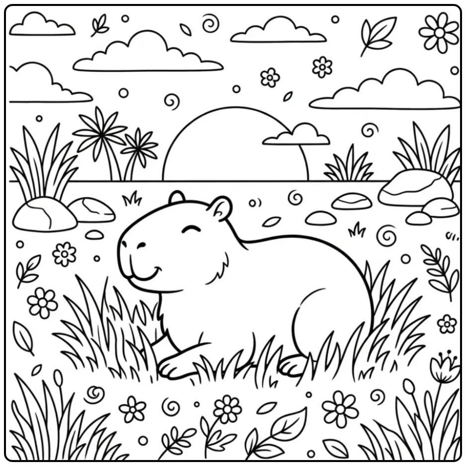 Capybara coloring page featuring a capybara in sunset grass