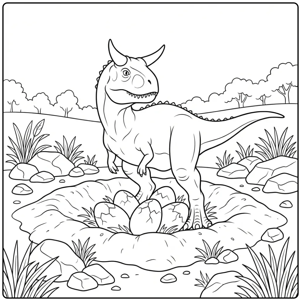 Carnotaurus coloring page with a nest full of large eggs
