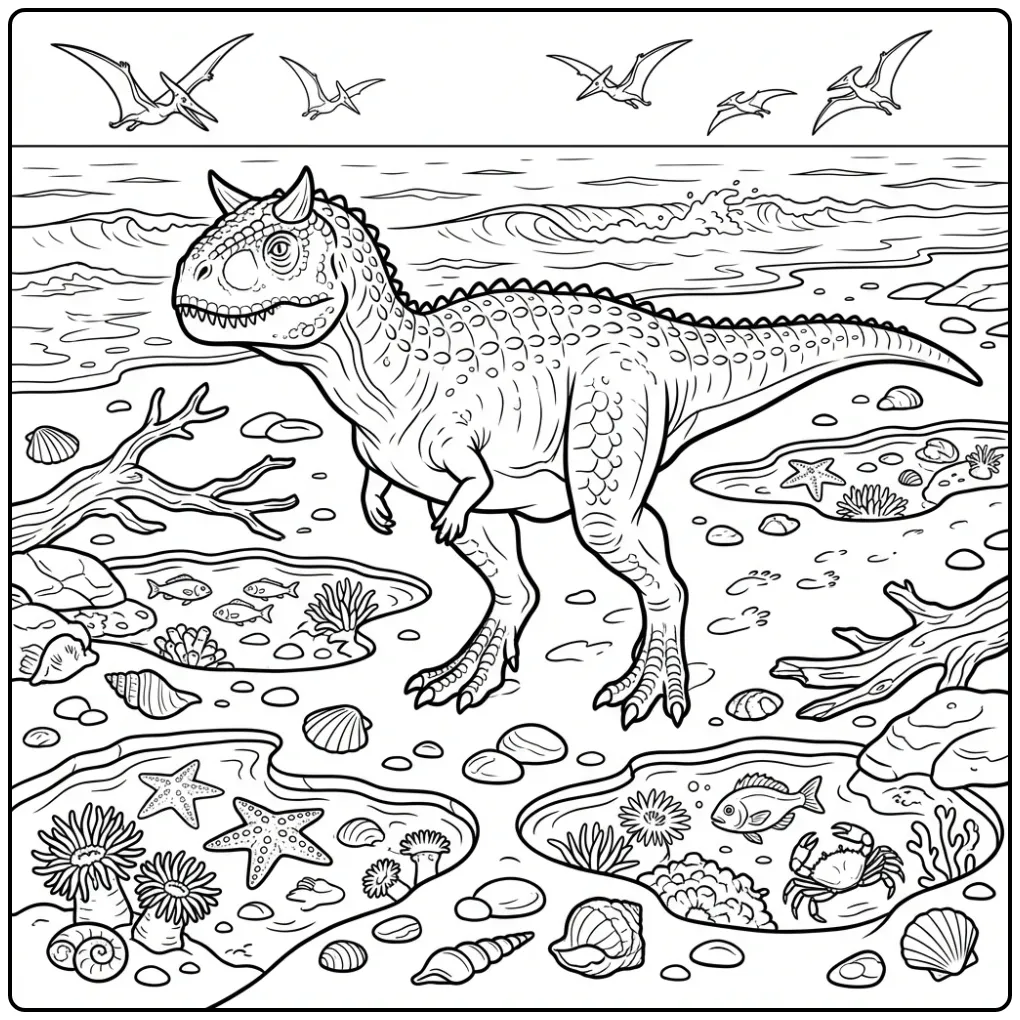 Carnotaurus coloring page on the beach with shells