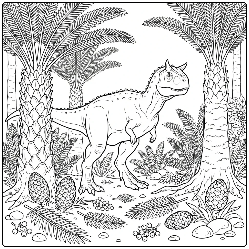 Detailed Carnotaurus coloring page among cycads