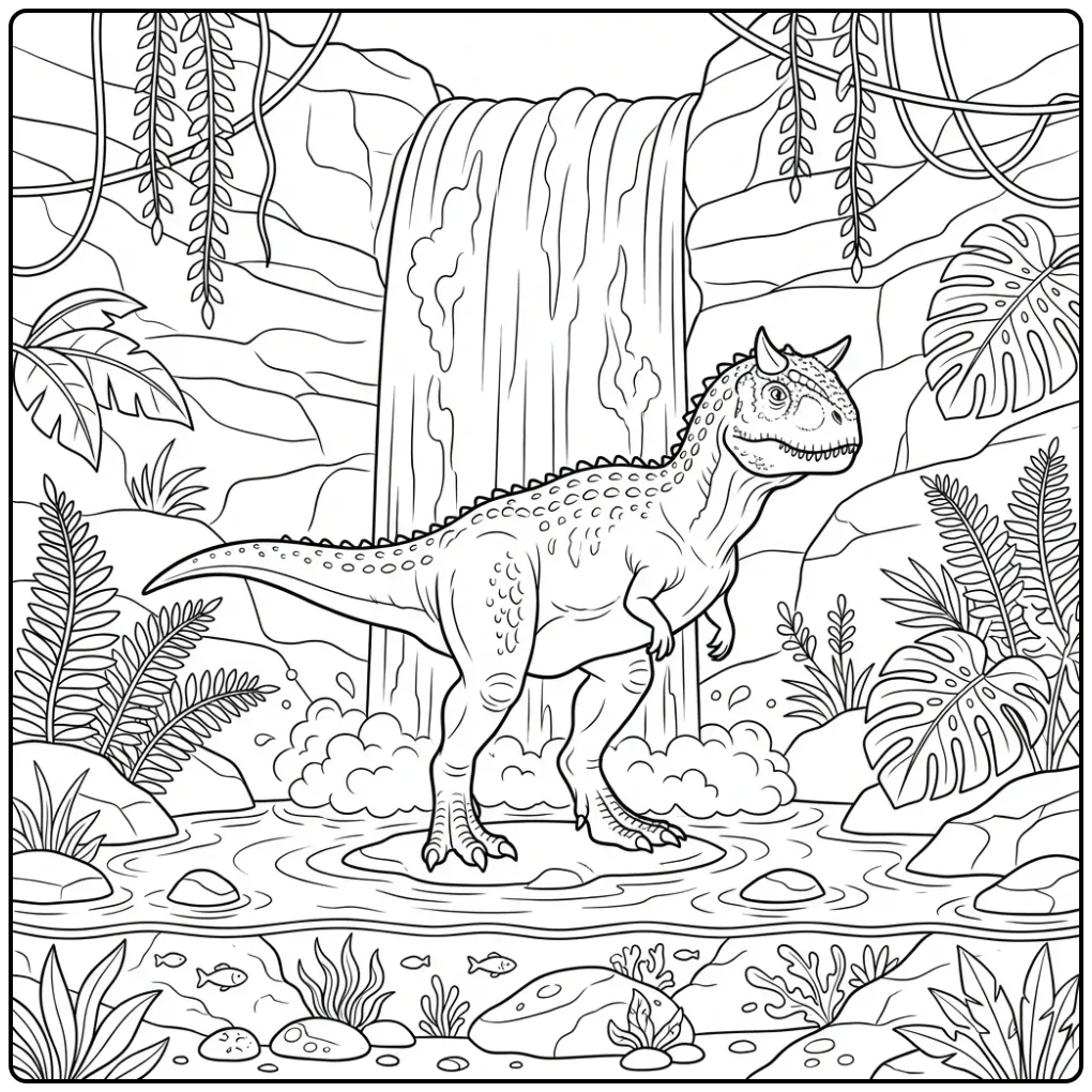 Detailed Carnotaurus coloring page by a waterfall