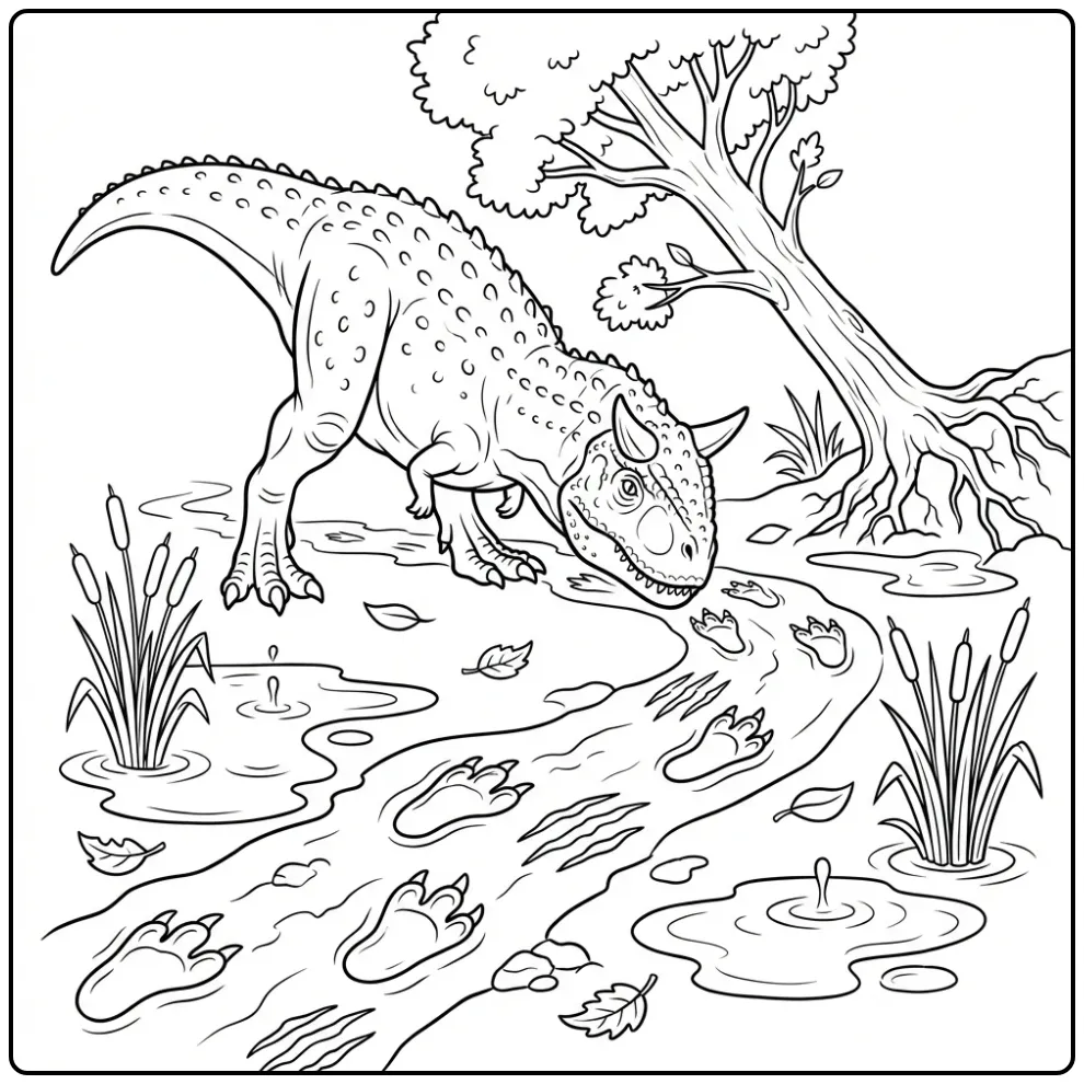Detailed Carnotaurus coloring page smelling tracks