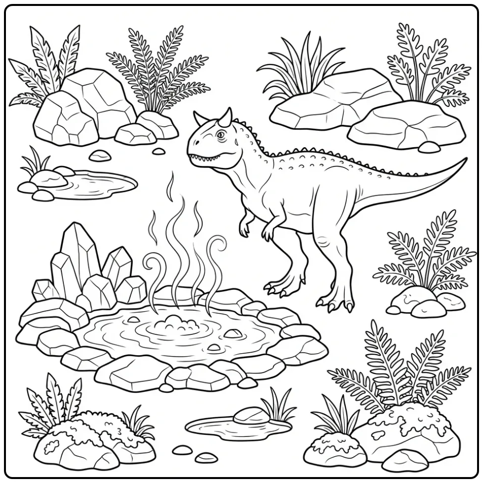 Carnotaurus coloring page by volcanic rocks and steam