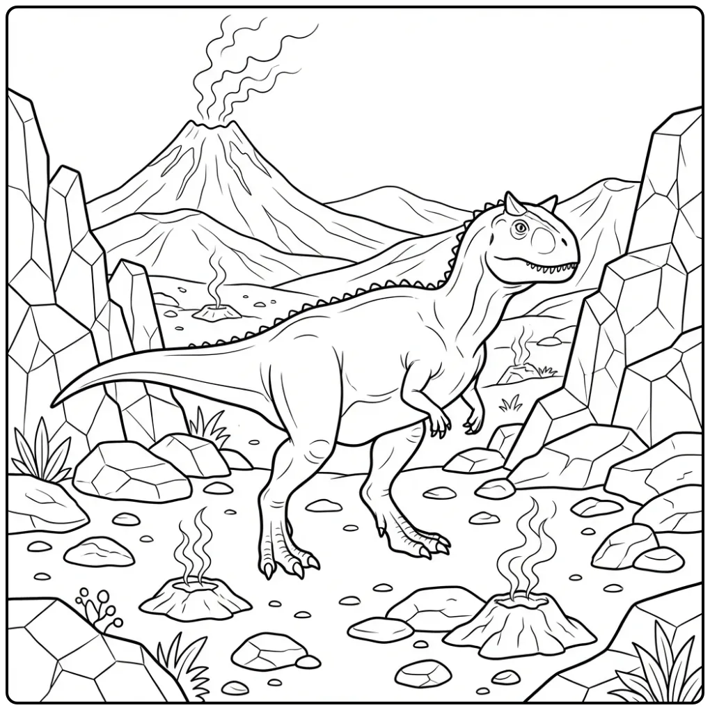 Carnotaurus coloring page in a volcanic landscape with rocks