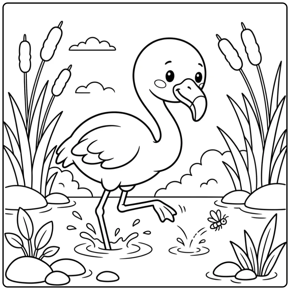 Cartoon Flamingo Reeds and Water coloring page