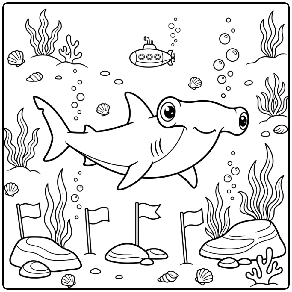 Cartoon Hammerhead Shark in the Deep Ocean coloring page