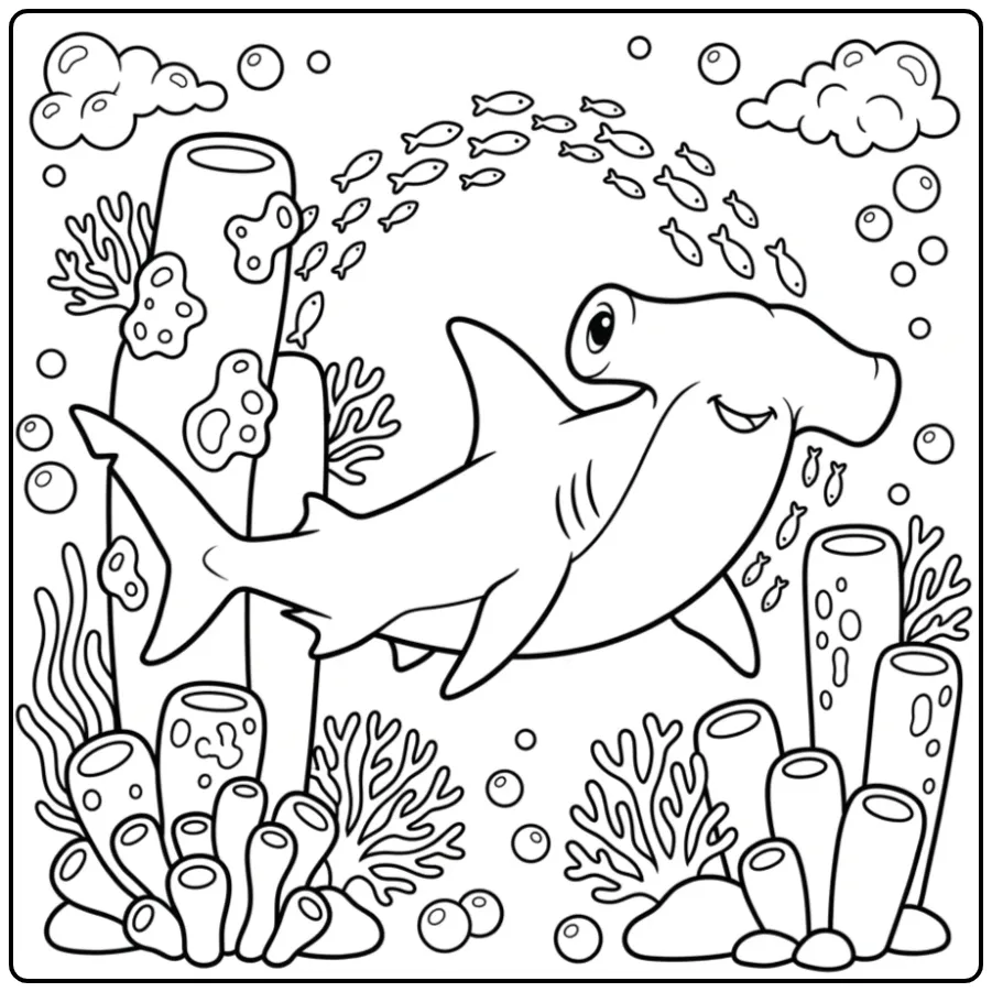 Cartoon Hammerhead Shark with Fish and Bubbles coloring page