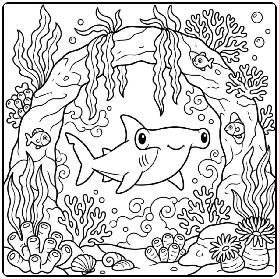 Cartoon Hammerhead Shark Under a Rock Arch coloring page