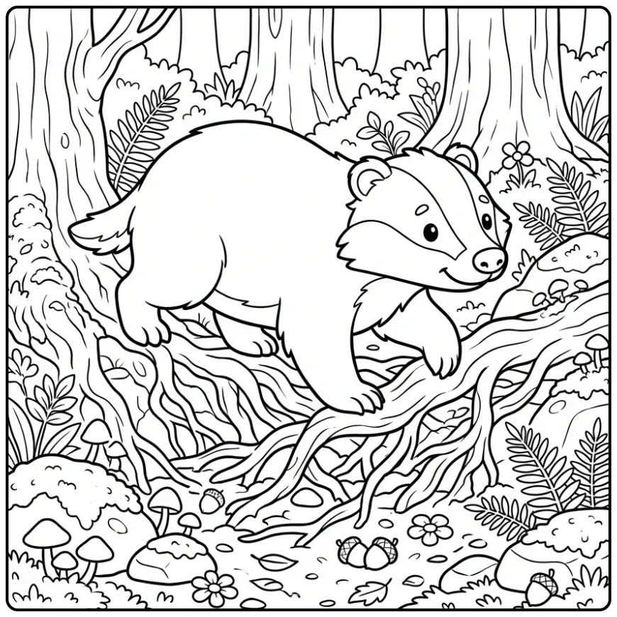 Badger coloring page in a forest with mushrooms and stones