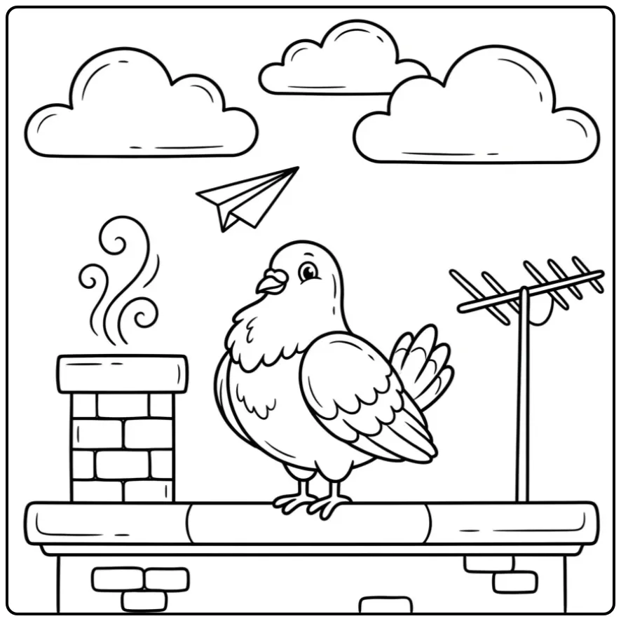 Cartoon Dove on a Roof Edge with Small Clouds coloring page