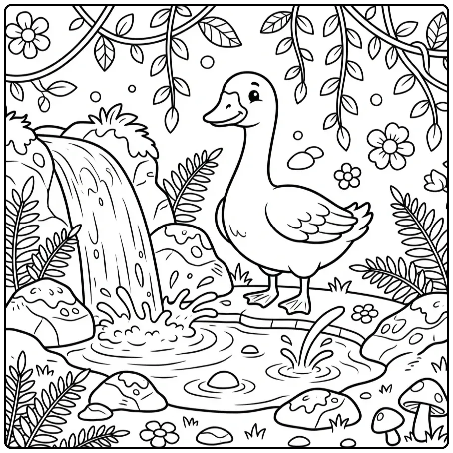 Goose coloring page standing by a waterfall and ferns