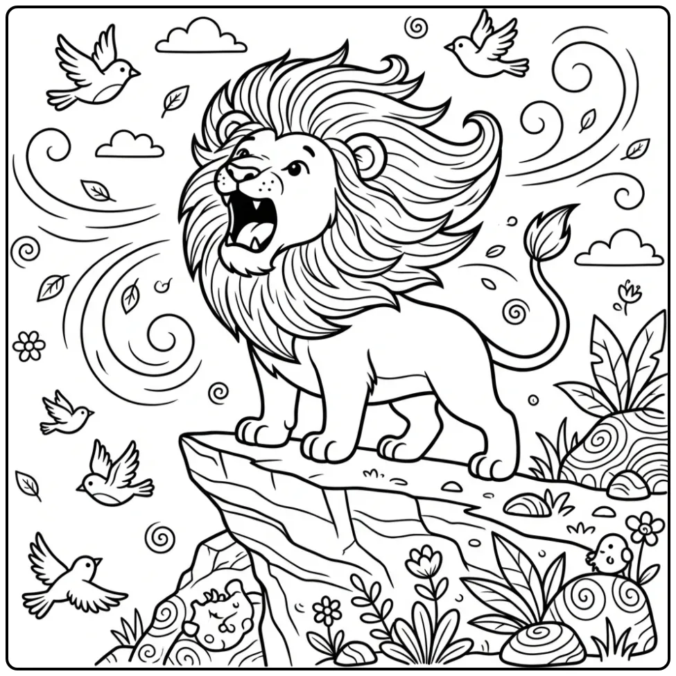 Bold lion coloring page roaring on a high rock