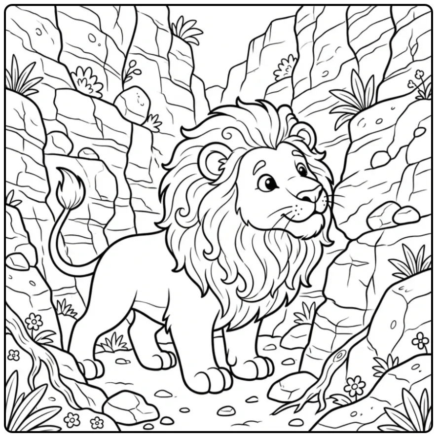 Cute lion coloring page sniffing rocks in a canyon