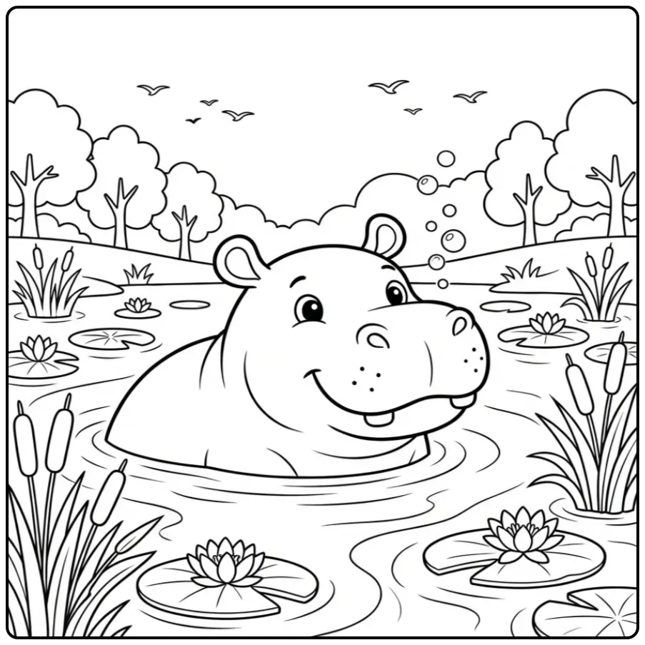 Hippo coloring page showing a hippo among water lilies