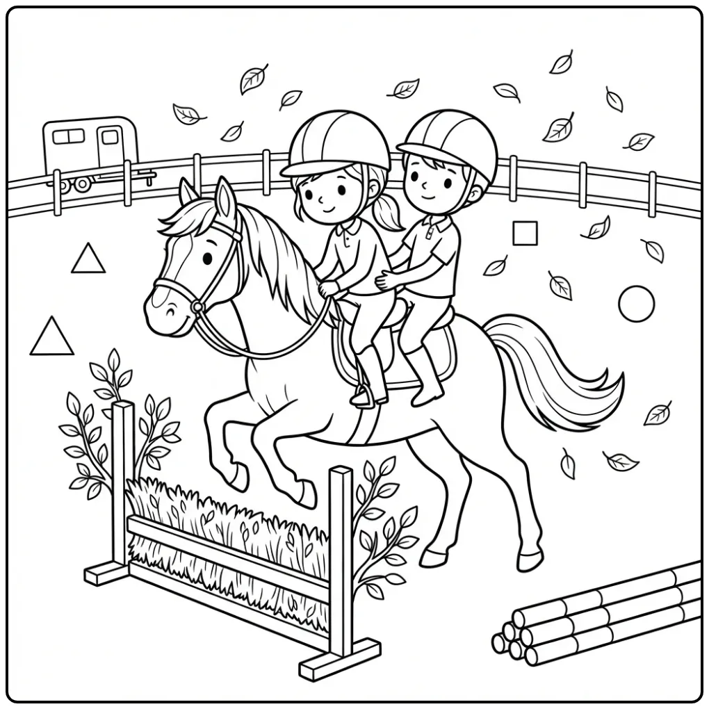 Horse with rider coloring page jumping over branches