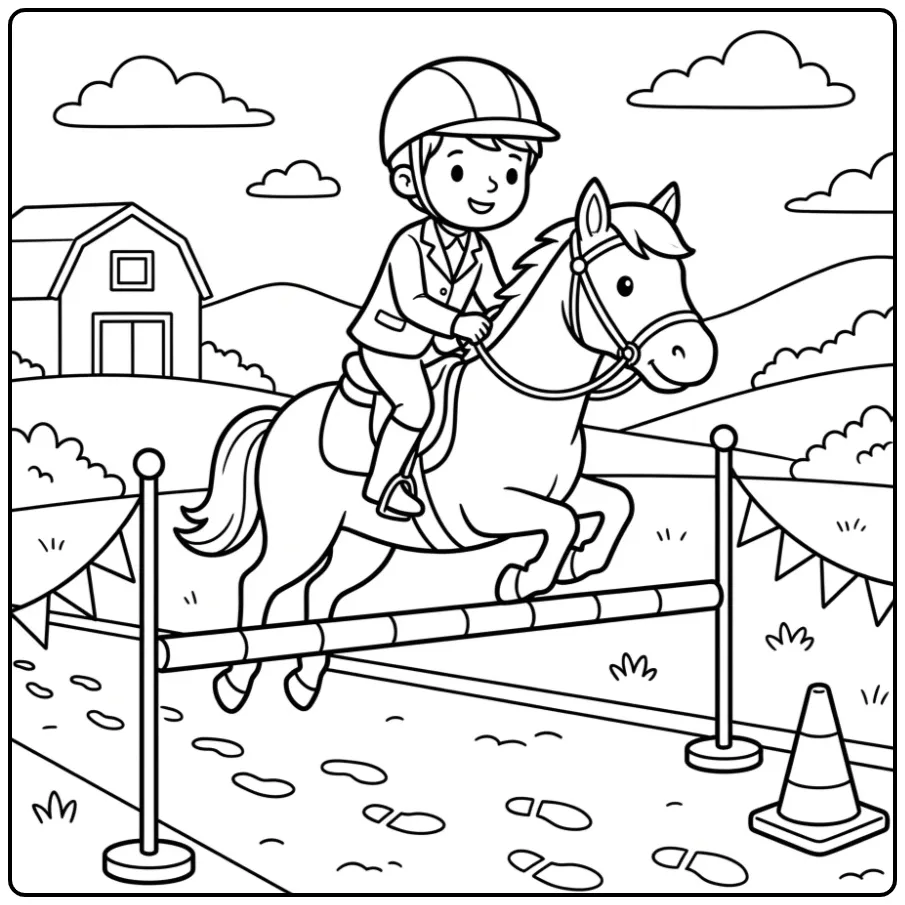 Cartoon Horse with Rider Jumping for Children coloring page