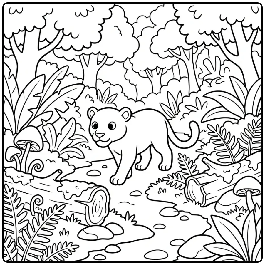 Cartoon Panther Walking Along Trees and Ferns coloring page