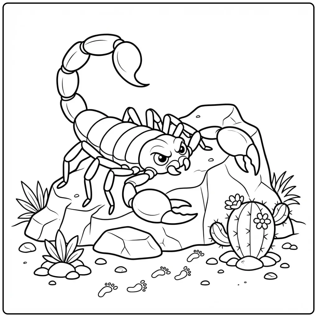 Scorpion coloring page featuring a scorpion on desert rocks
