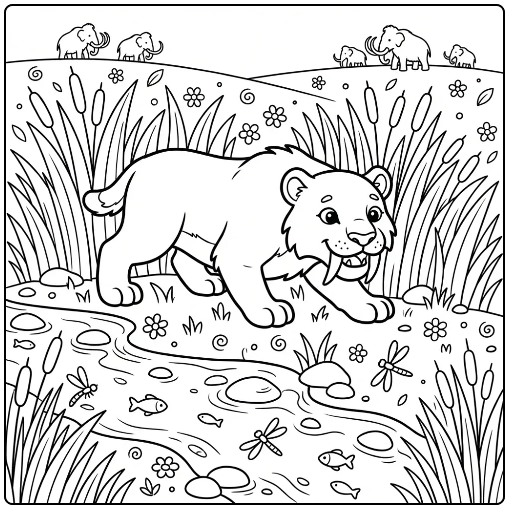 Cartoon Saber-toothed Tiger by the River coloring page