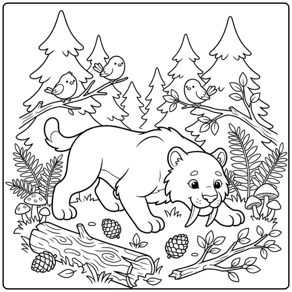 Cartoon Saber-toothed Tiger in a Pine Forest coloring page