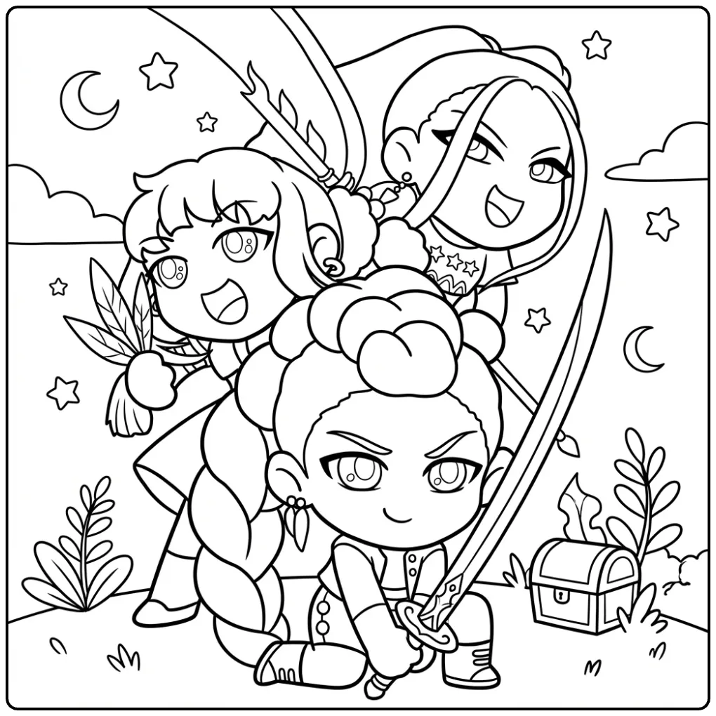Chibi KPop Demon Three Young Hunters coloring page