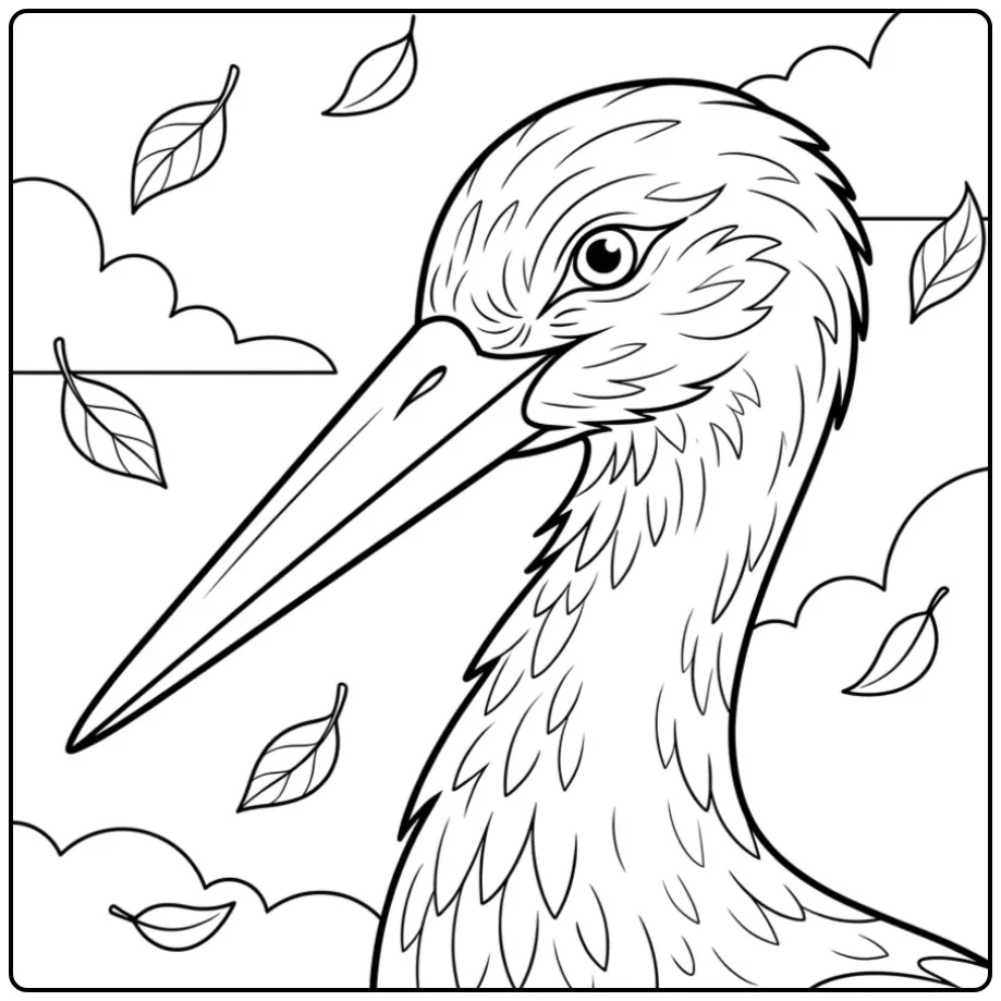 Close-up Stork Long Beak and Leaves coloring page