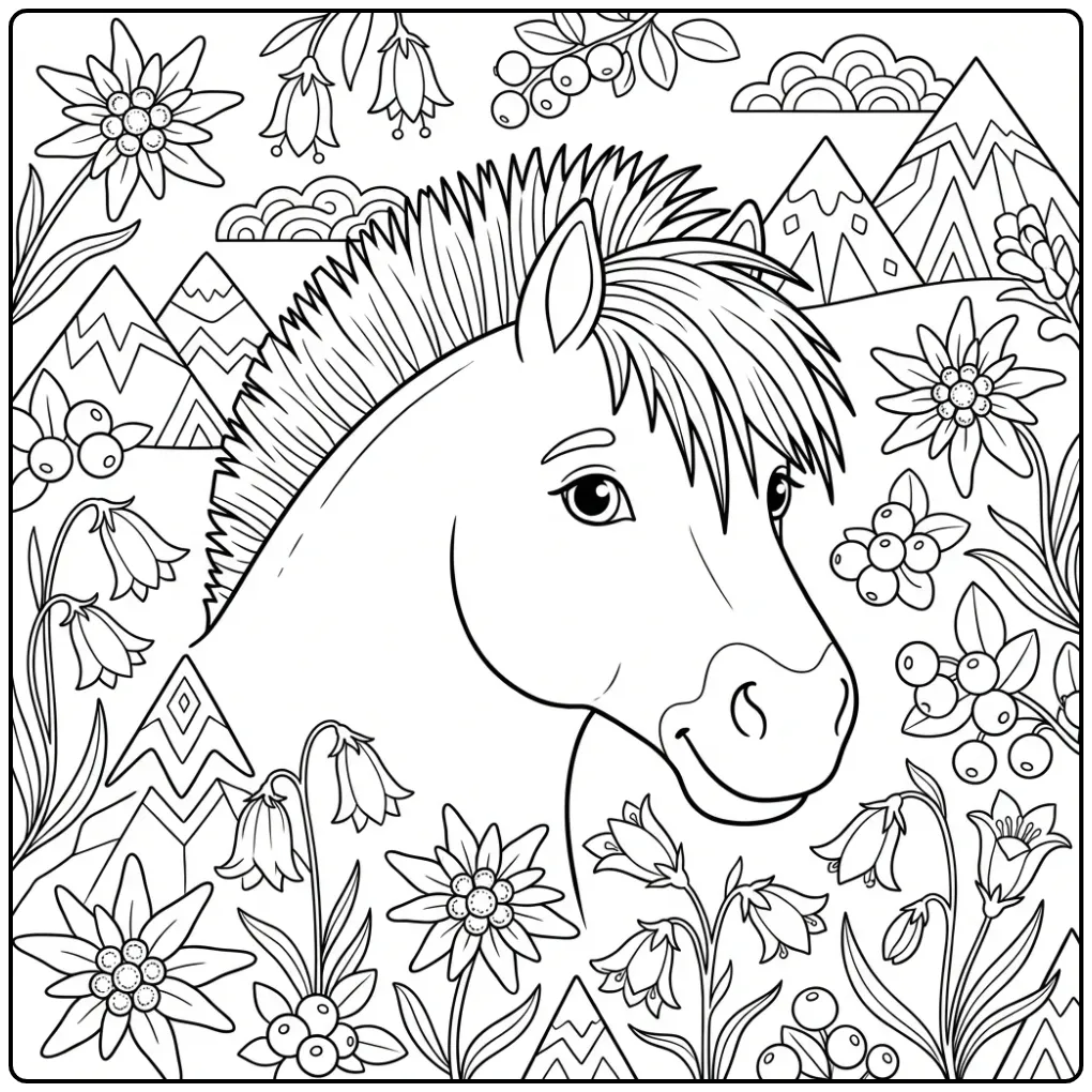 Close-up Fjord Horse Head with Wildflowers coloring page