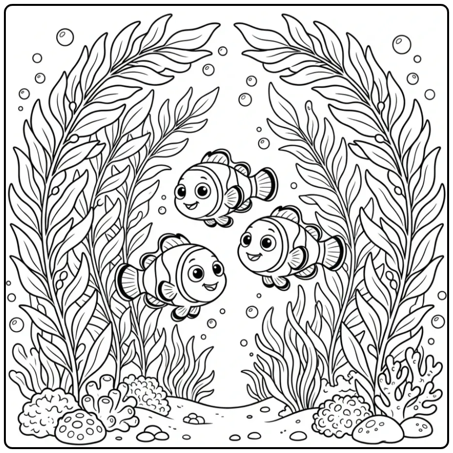Three Clownfish Swimming Through the Kelp coloring page