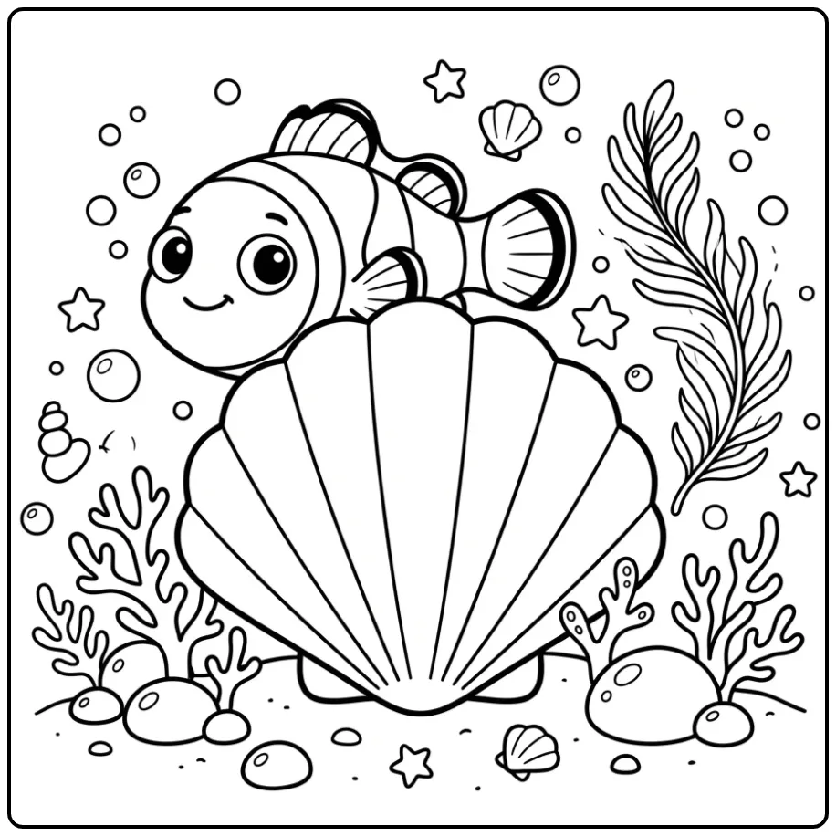 Clownfish with Shell and Coral coloring page