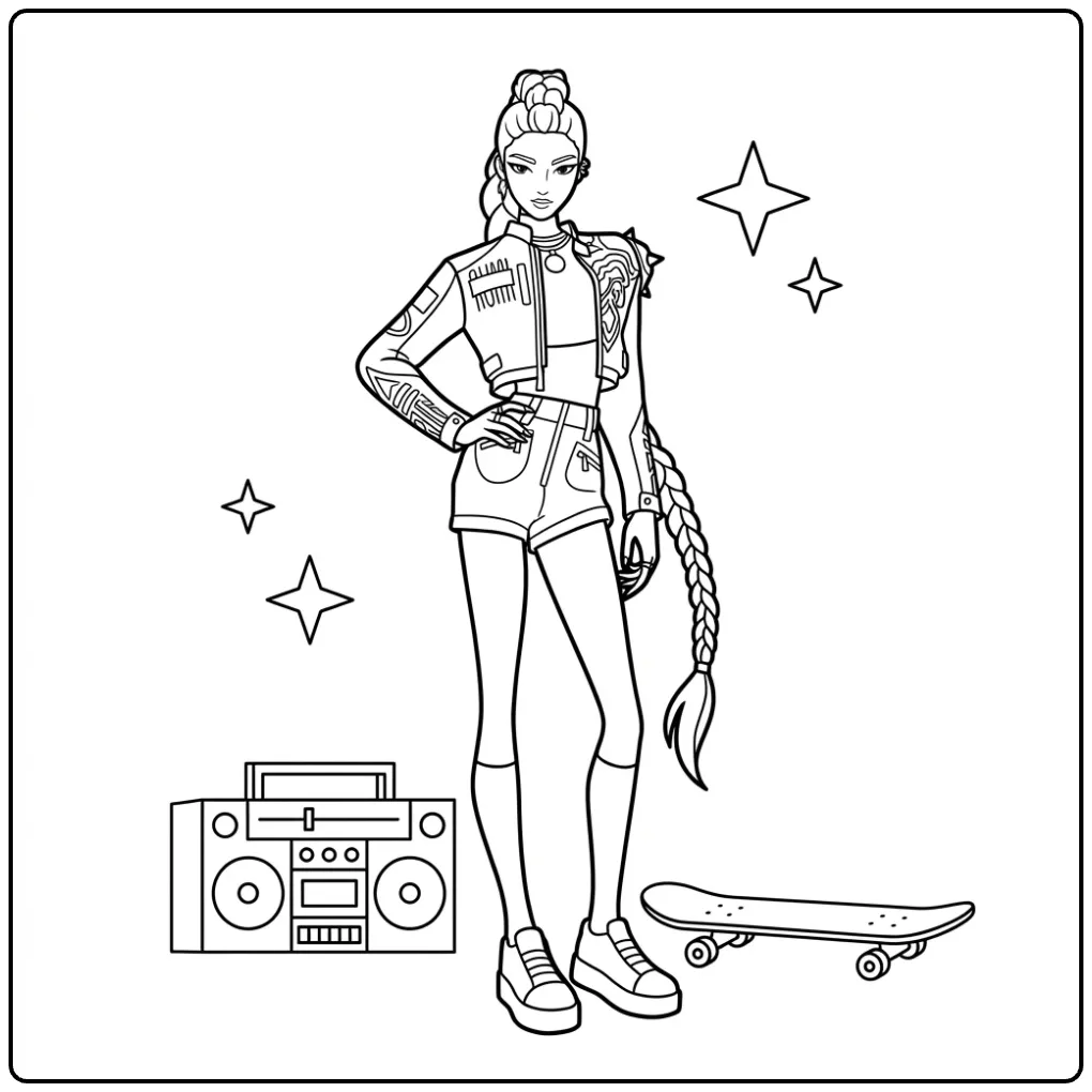 Cool KPop Demon Hunters Rumi with Skateboard and Music coloring page