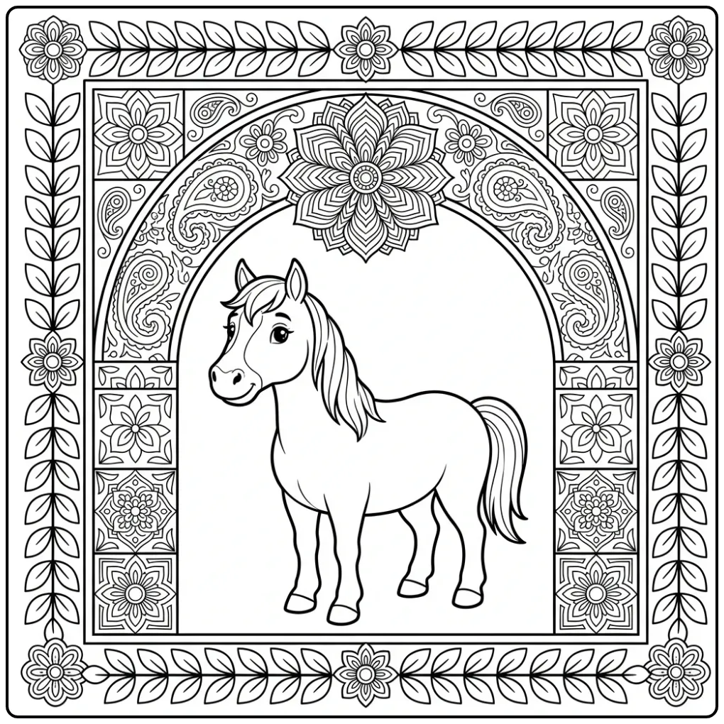 Creative Mandala Horse with Graceful Flowers coloring page