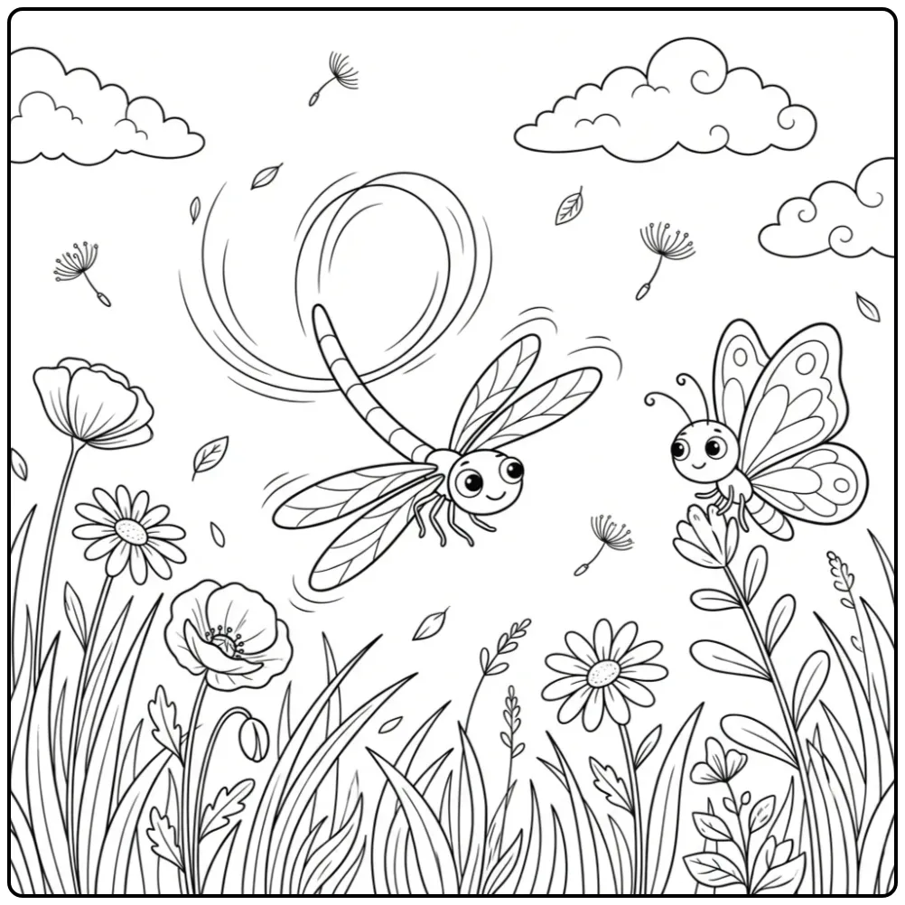 Dragonfly coloring page dancing with a butterfly