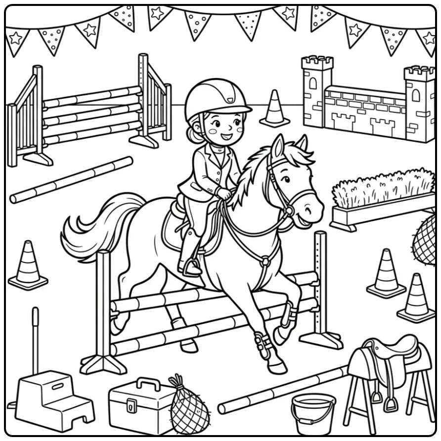 Detailed Horse with Rider Jumping coloring page