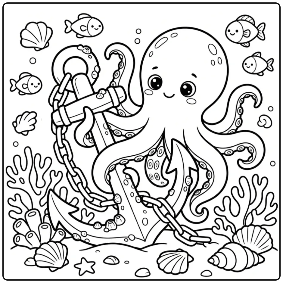 Detailed octopus coloring page by an anchor