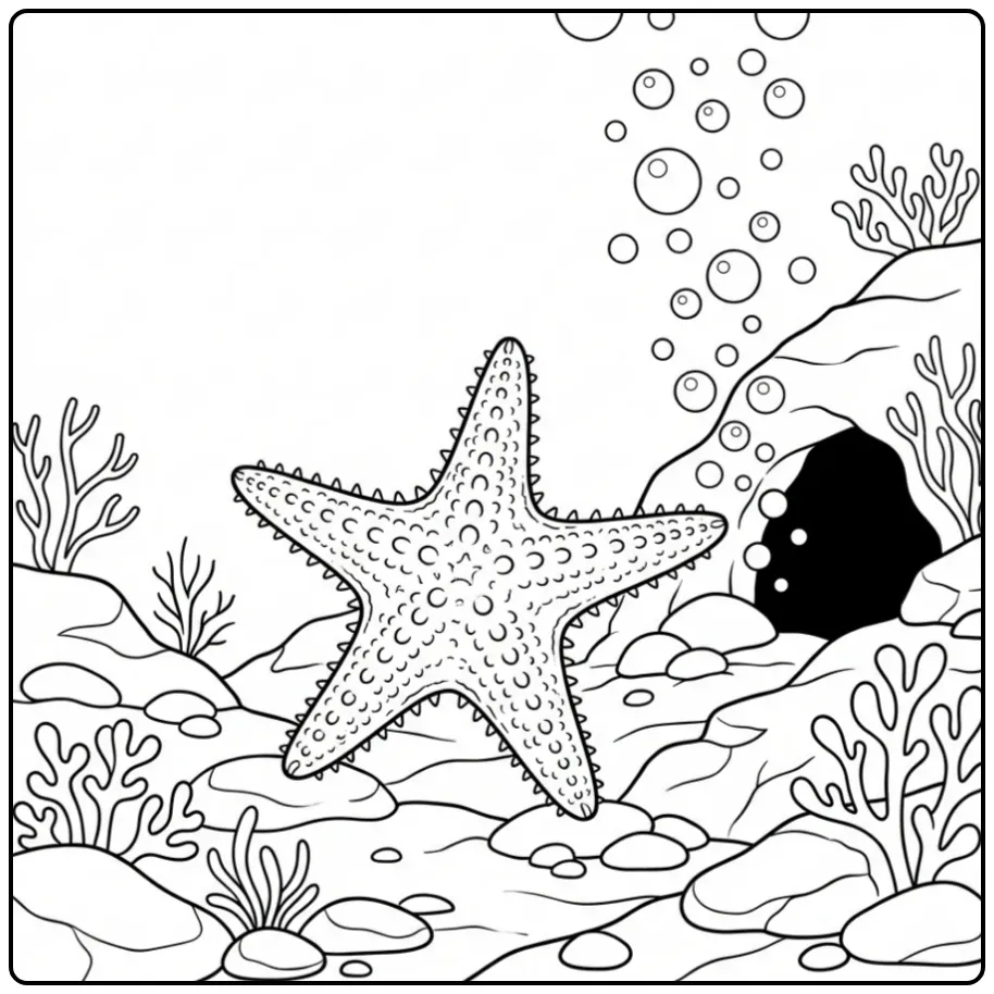 Cute starfish coloring page with bubbles and stones