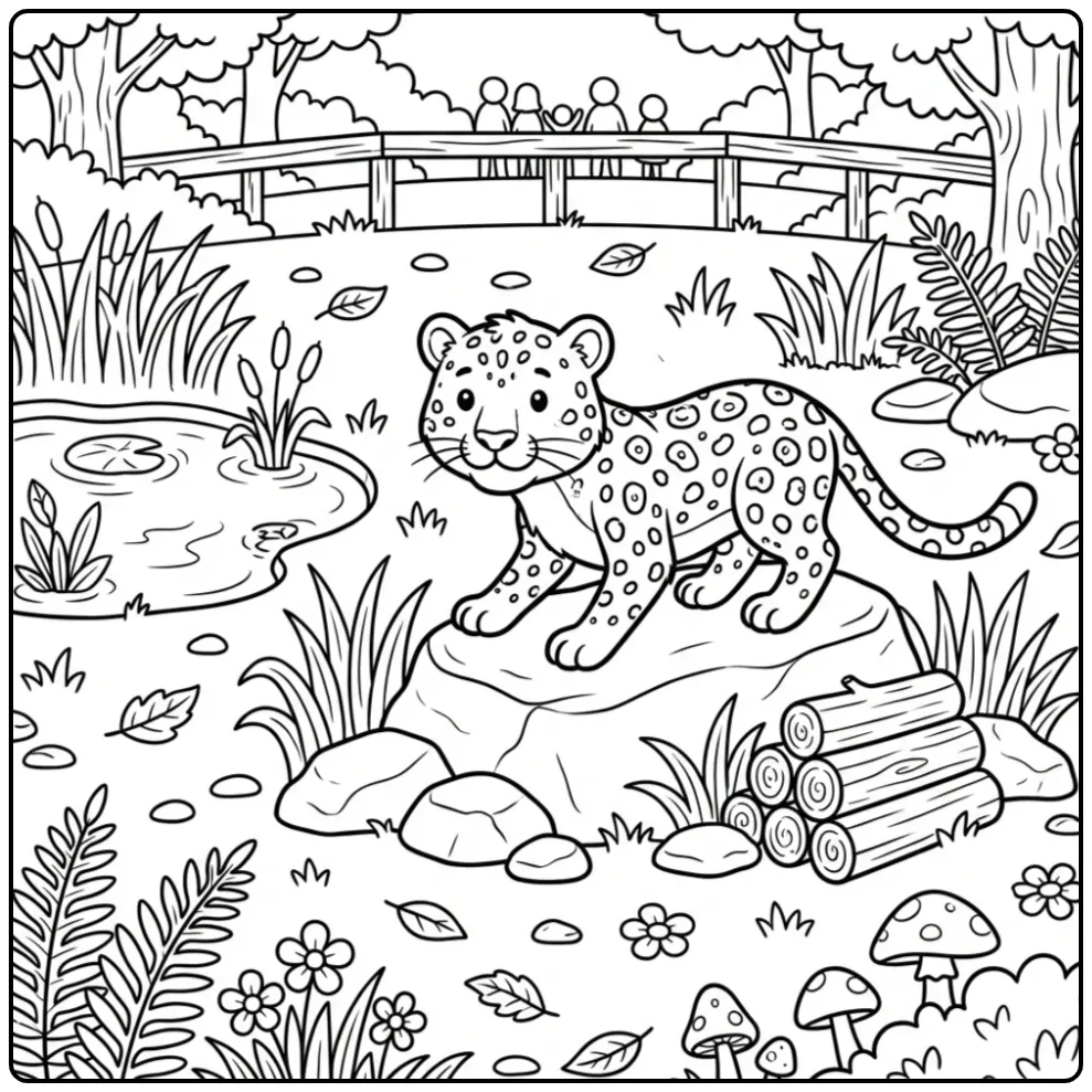 Zoo Leopard with a Pond and Rocks coloring page