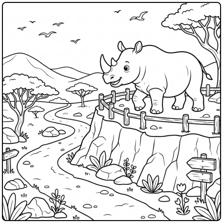 Rhino coloring page featuring a rhino on a hill